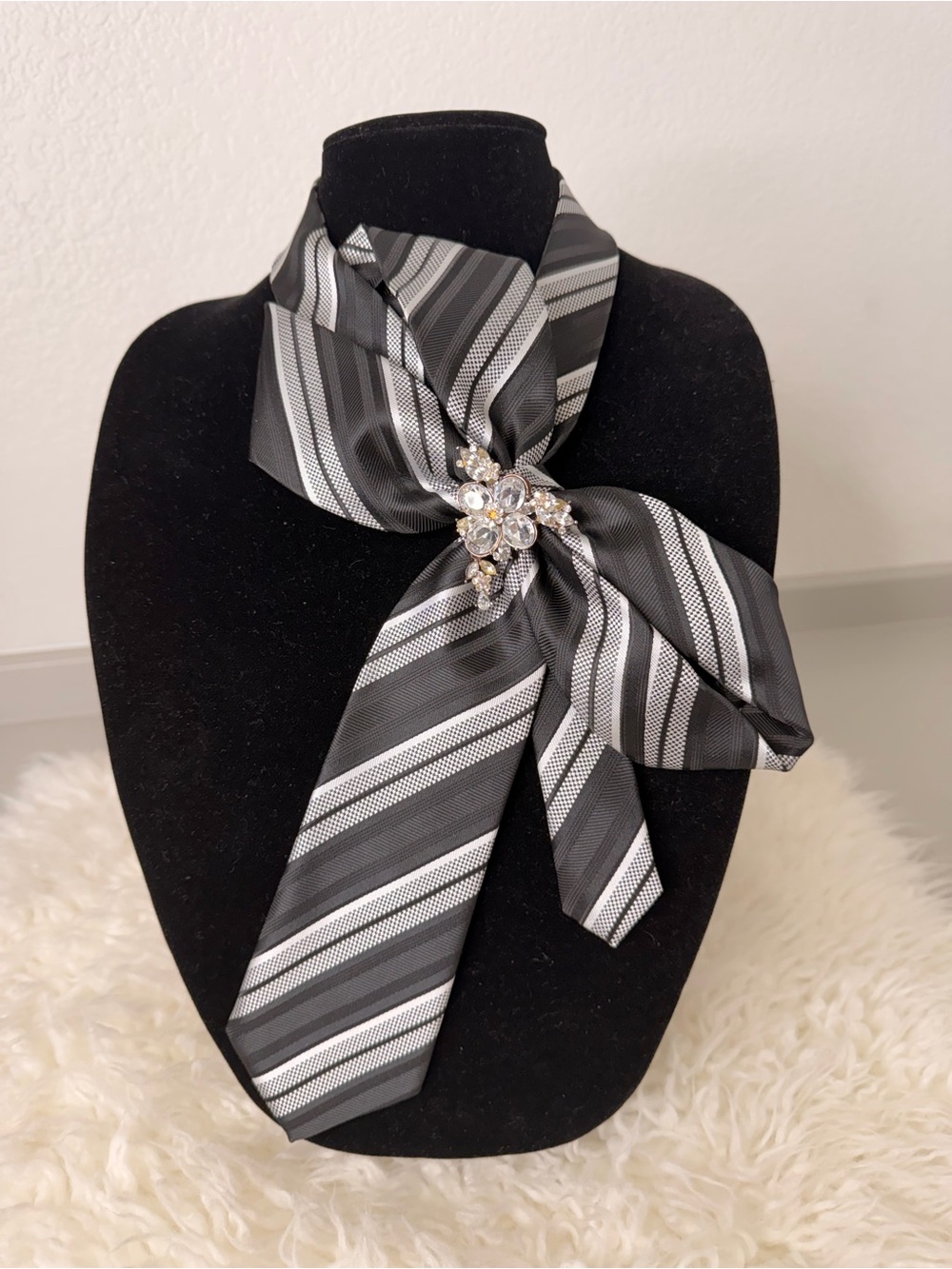 Crystal-Embellished Black & Gray Striped Neck Scarf Necklace